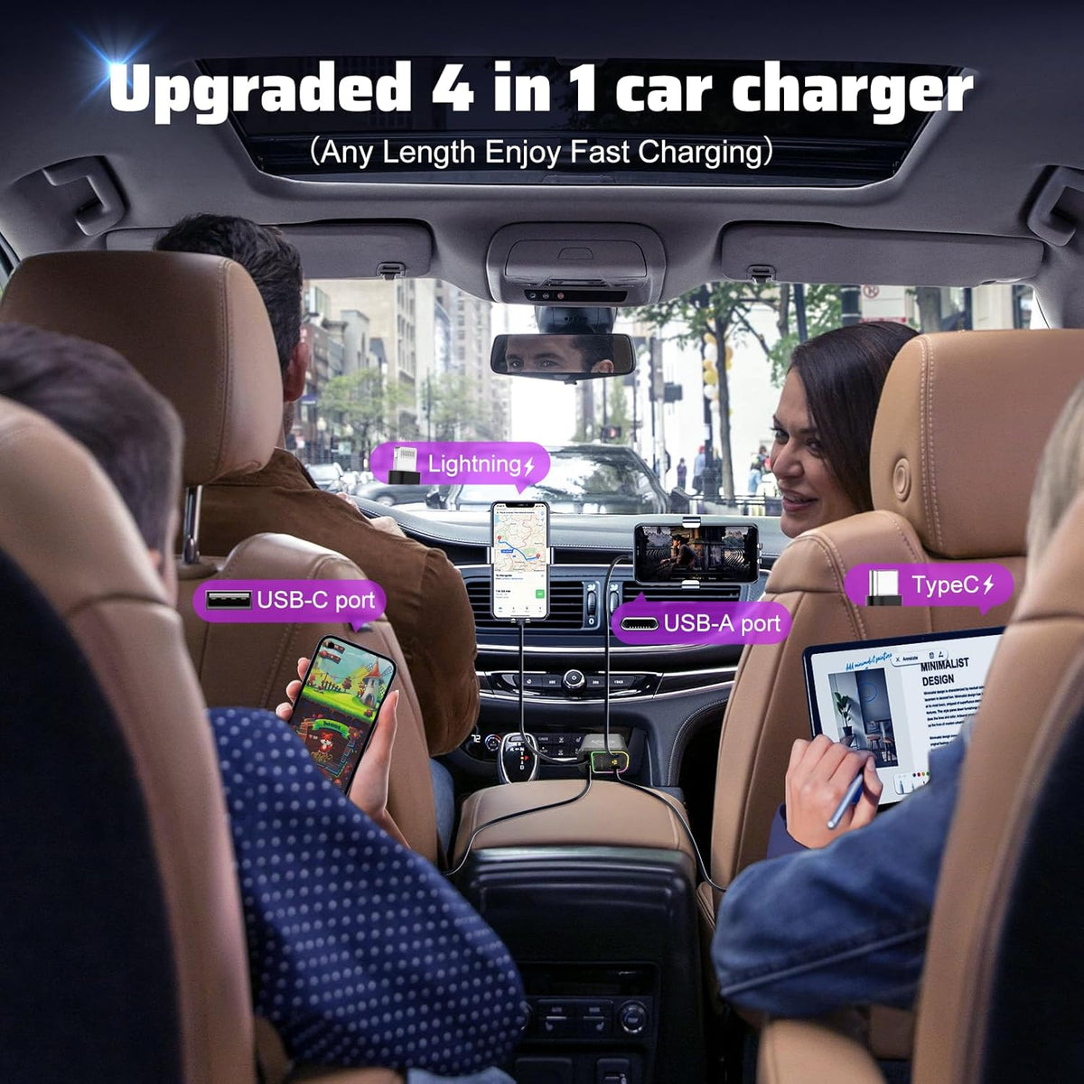 2025 m. naujas modelis su ištraukiamu „Starlight“ 4 viename automobiliniu greituoju mobiliojo telefono įkrovikliu-LT